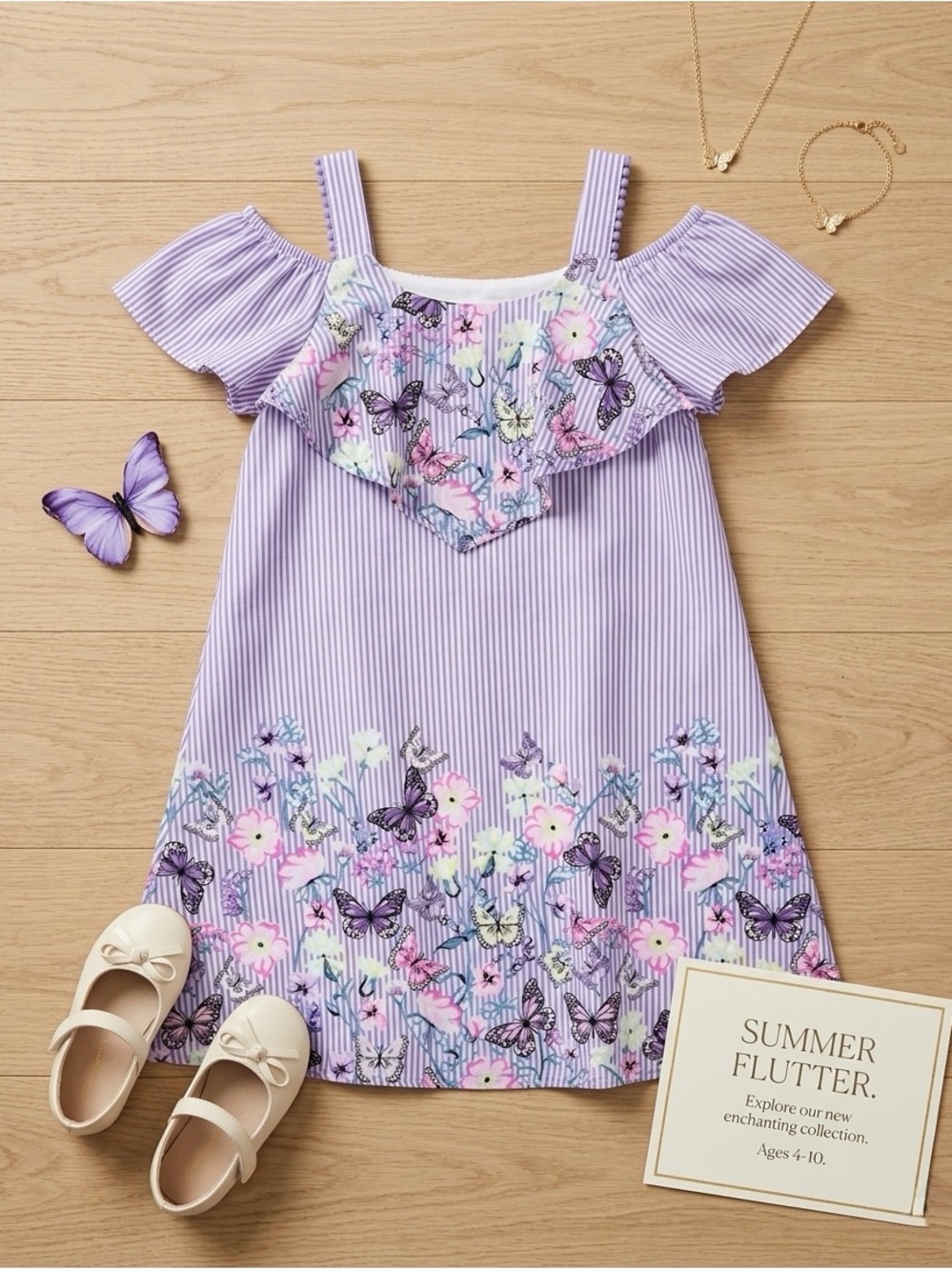 Lavender Striped Butterfly & Floral Cold-Shoulder Dress